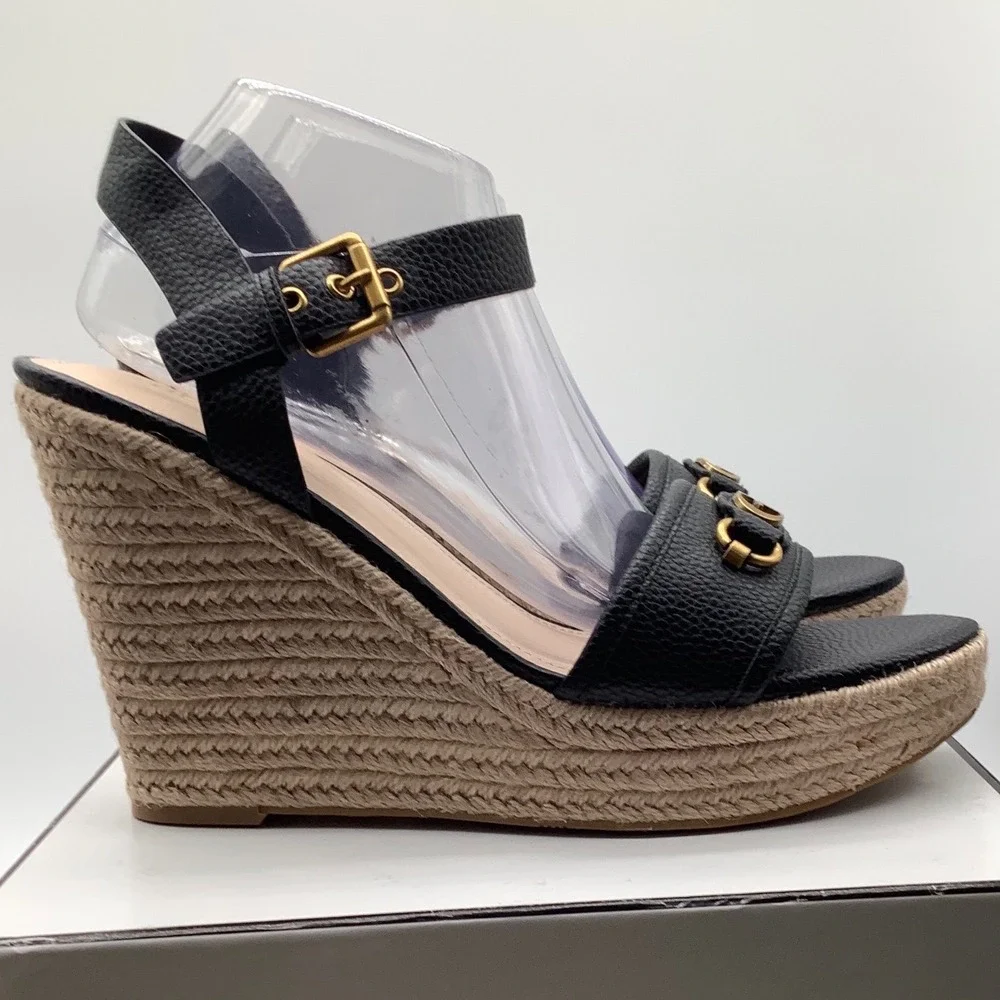 GUESS Hisley Black‎ Pebbled Espadrille Wedge Sandals Gold G Logo Mens 11 M NEW